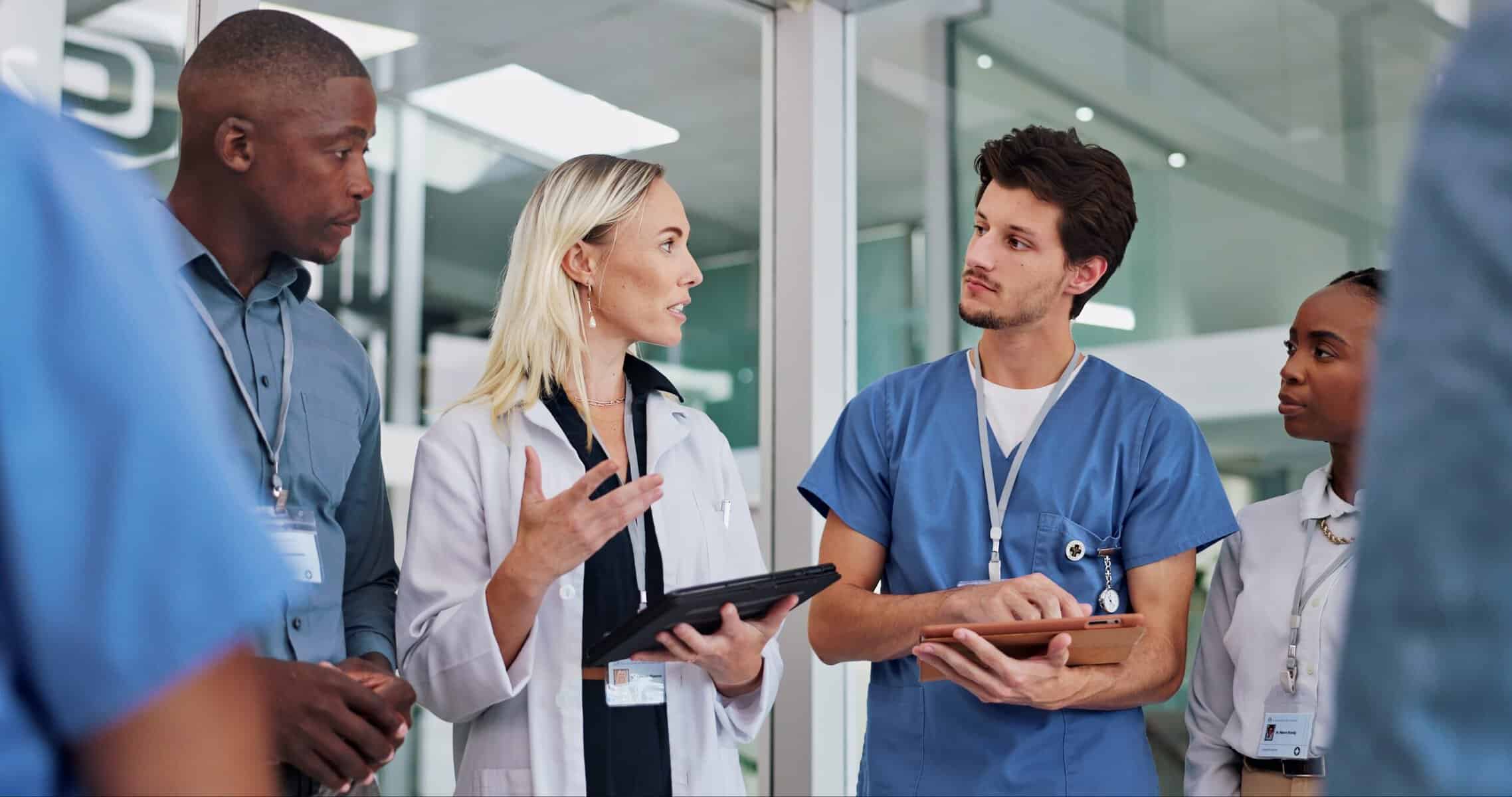 Doctors,,Group,And,Meeting,On,Tablet,For,Medical,Planning,,Advice
